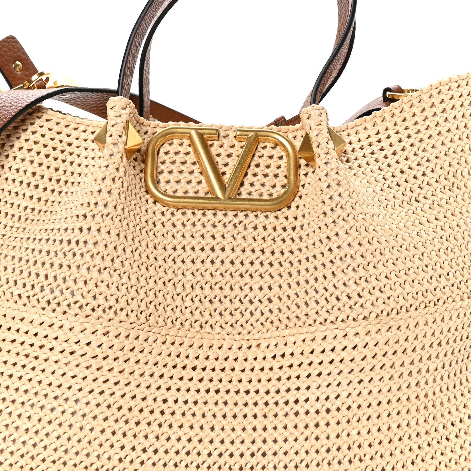 Valentino Garavani Raffia Grained Calfskin Medium Rockstud Vlogo Tote Naturale 8 of 10
