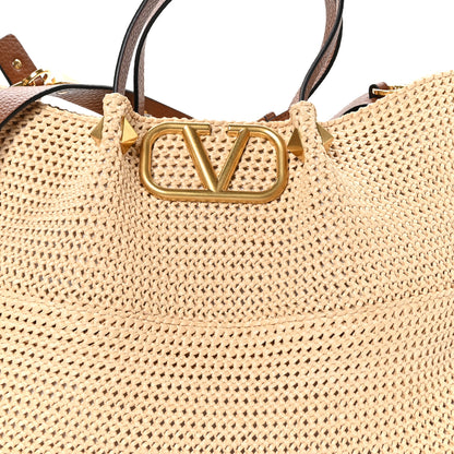 Valentino Garavani Raffia Grained Calfskin Medium Rockstud Vlogo Tote Naturale 8 of 10