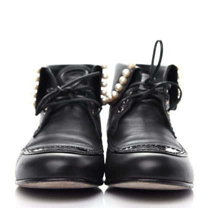 Chanel Lambskin Patent Calfskin Pearl Lace Up Boots 37.5 Black 2 of 10