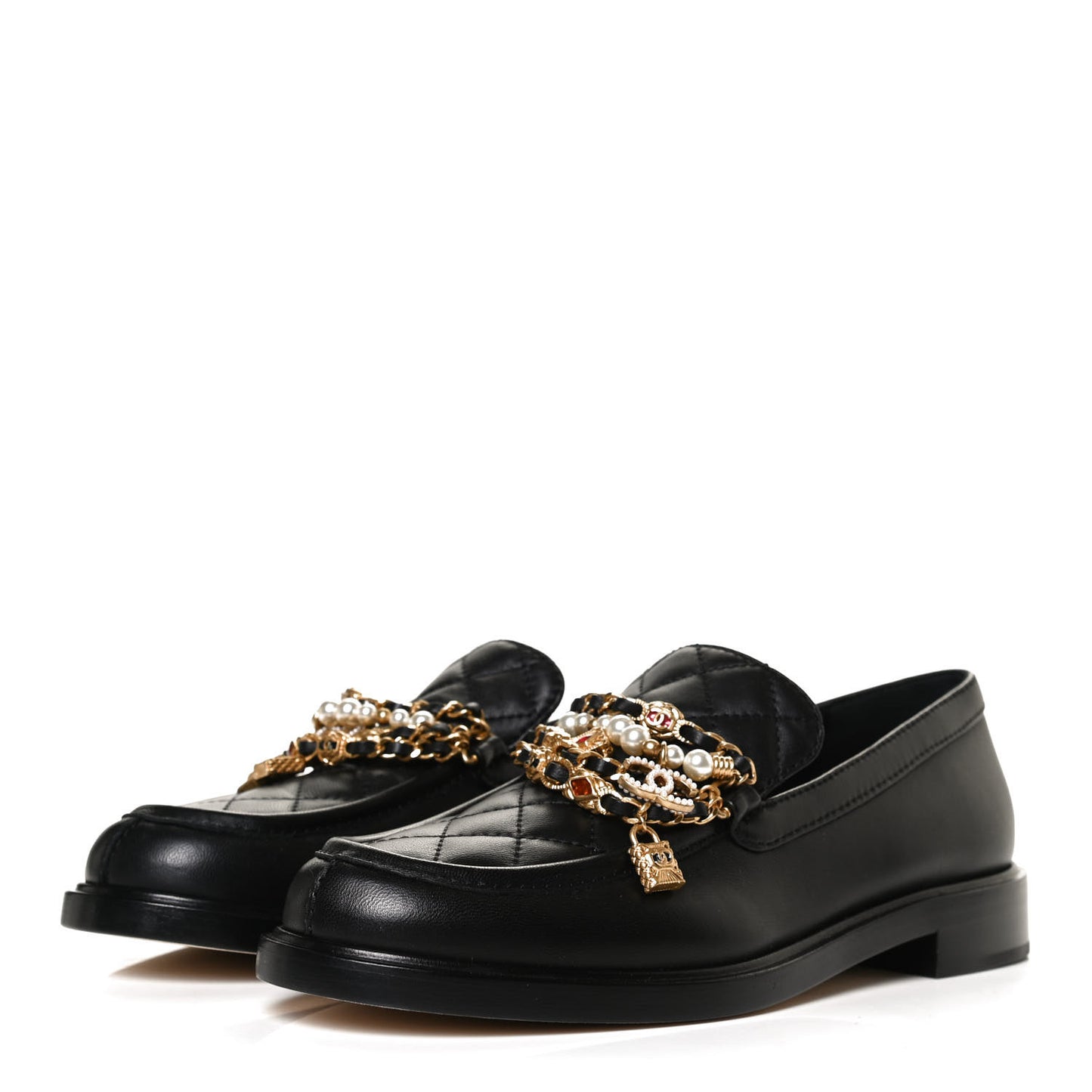 Lambskin Pearl Crystal Quilted CC Logo Jewelry Loafers 38 Black