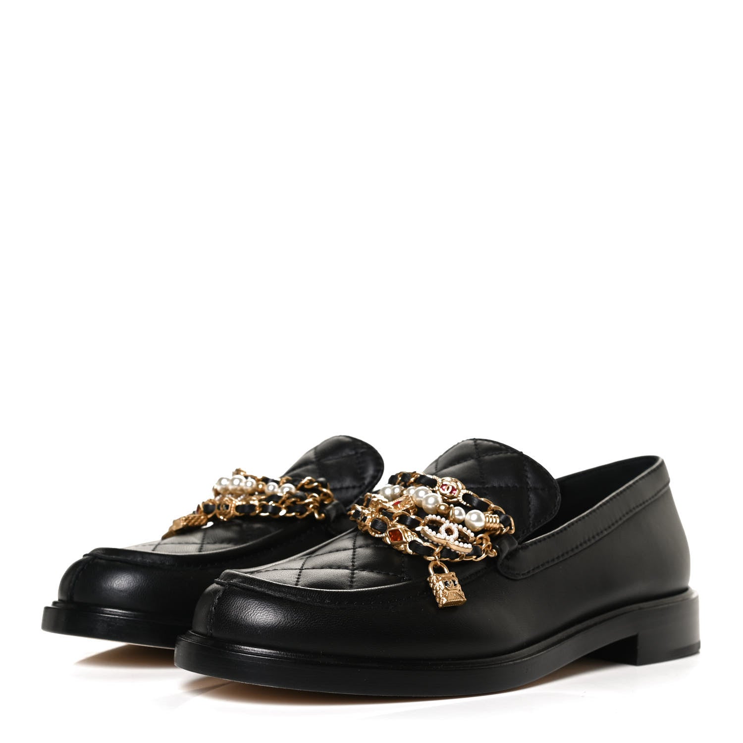 Chanel Lambskin Pearl Crystal Quilted CC Logo Jewelry Loafers 38 Black 3 of 11