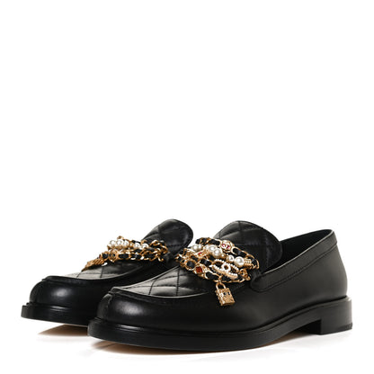 Chanel Lambskin Pearl Crystal Quilted CC Logo Jewelry Loafers 38 Black 3 of 11