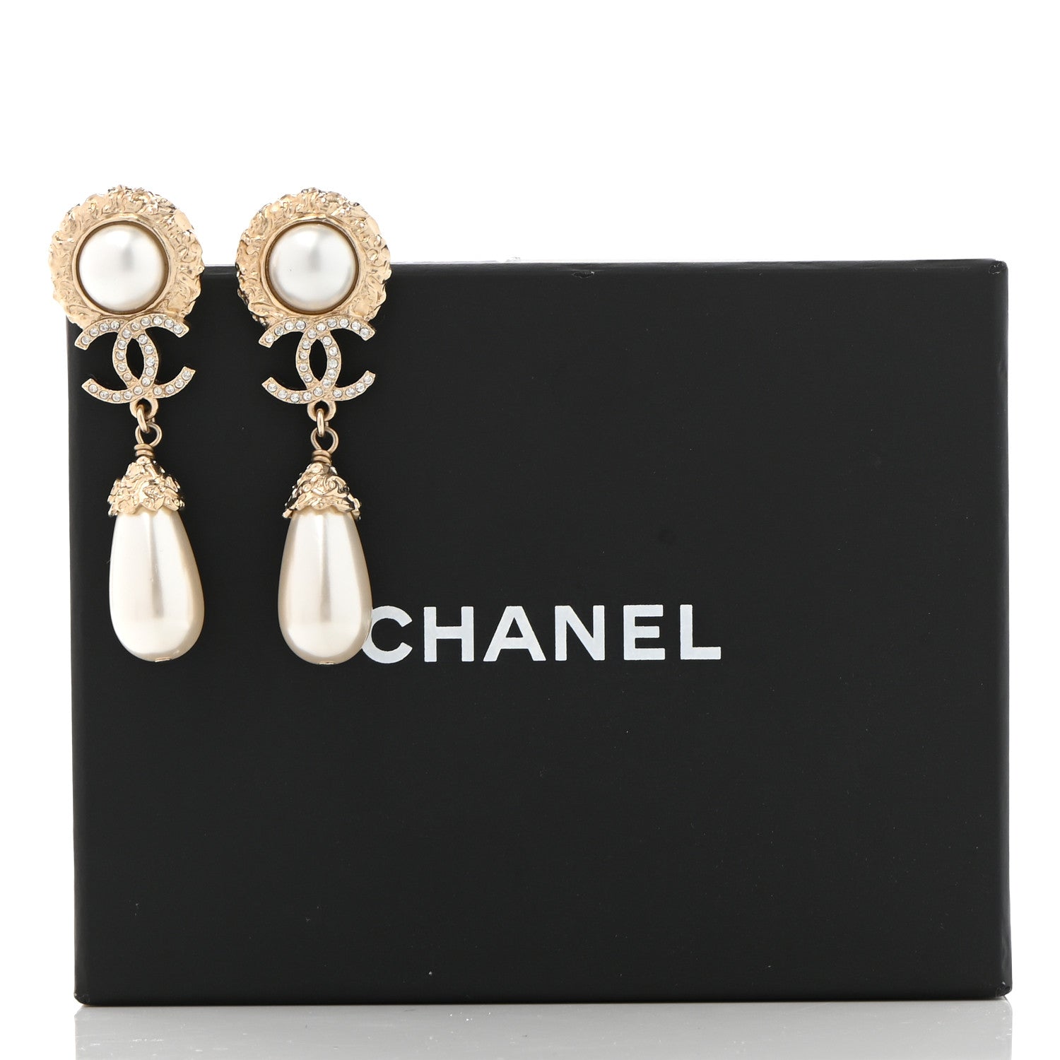 Chanel Metal Pearl Crystal Textured Teardrop CC Drop Earrings Gold 5 of 5