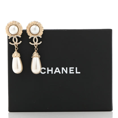 Chanel Metal Pearl Crystal Textured Teardrop CC Drop Earrings Gold 5 of 5