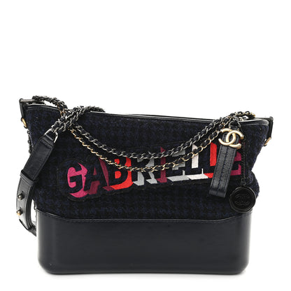Chanel Tweed Calfskin Quilted Medium Gabrielle Hobo Black Blue 1 of 9