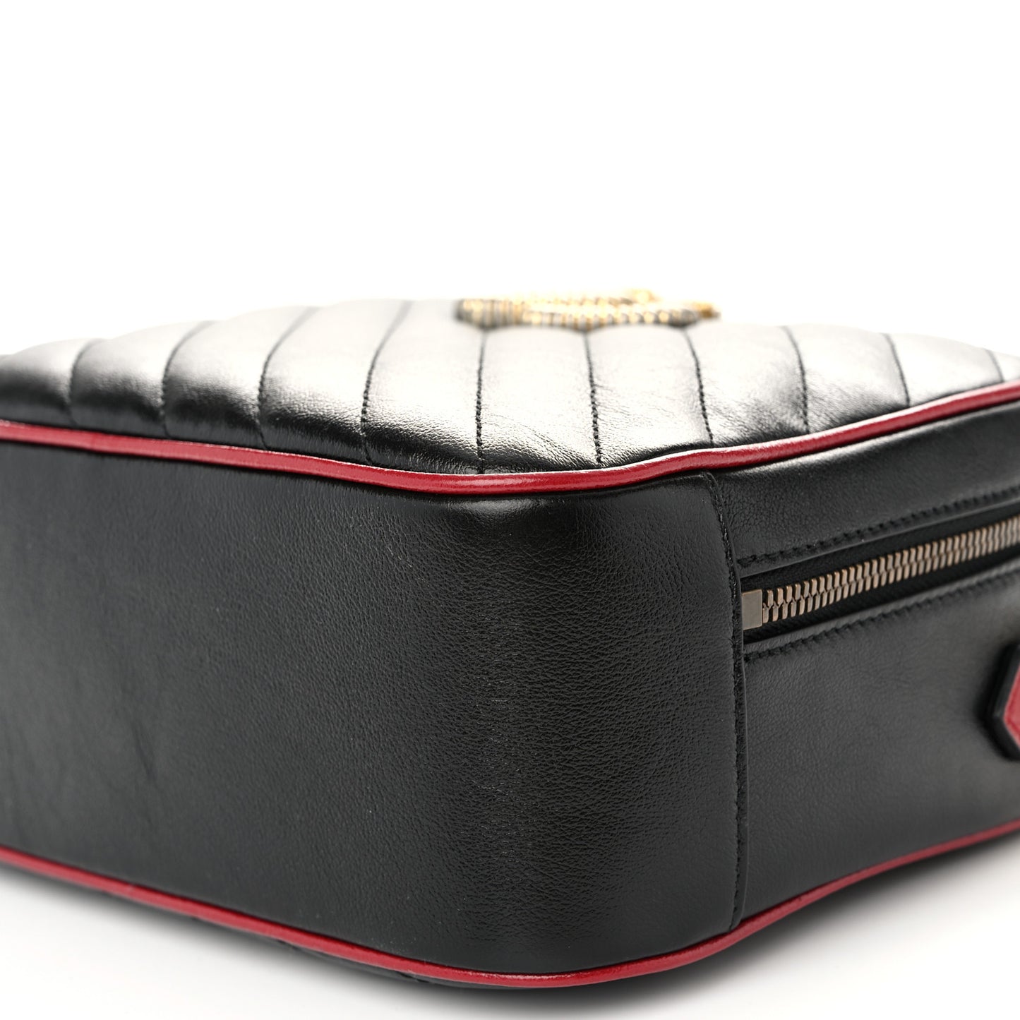 Vintage Effect Calfskin Matelasse Diagonal Small Torchon GG Marmont Bamboo Top Handle Shoulder Bag Black Romantic Cherry