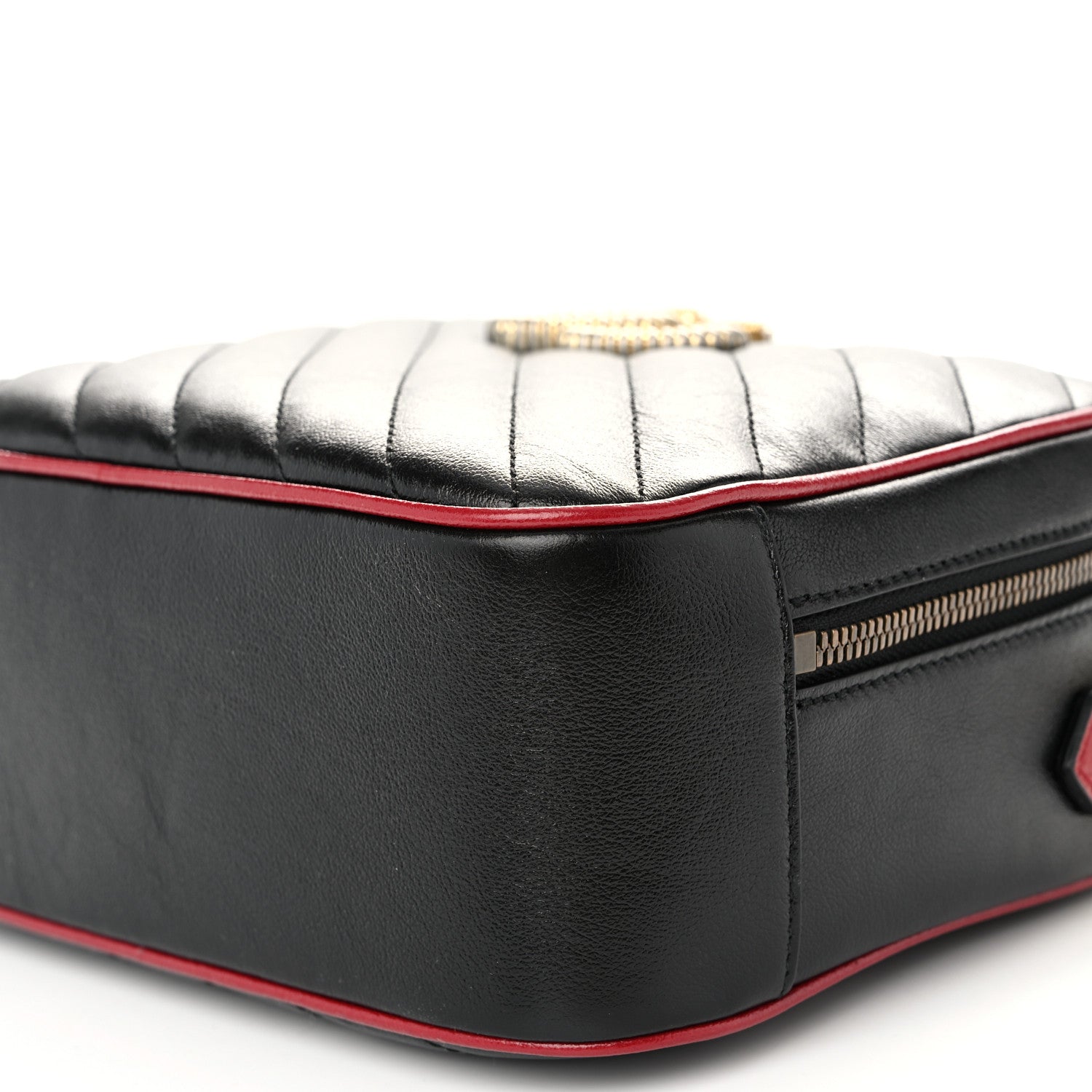 Gucci Vintage Effect Calfskin Matelasse Diagonal Small Torchon GG Marmont Bamboo Top Handle Shoulder Bag Black Romantic Cherry 10 of 11