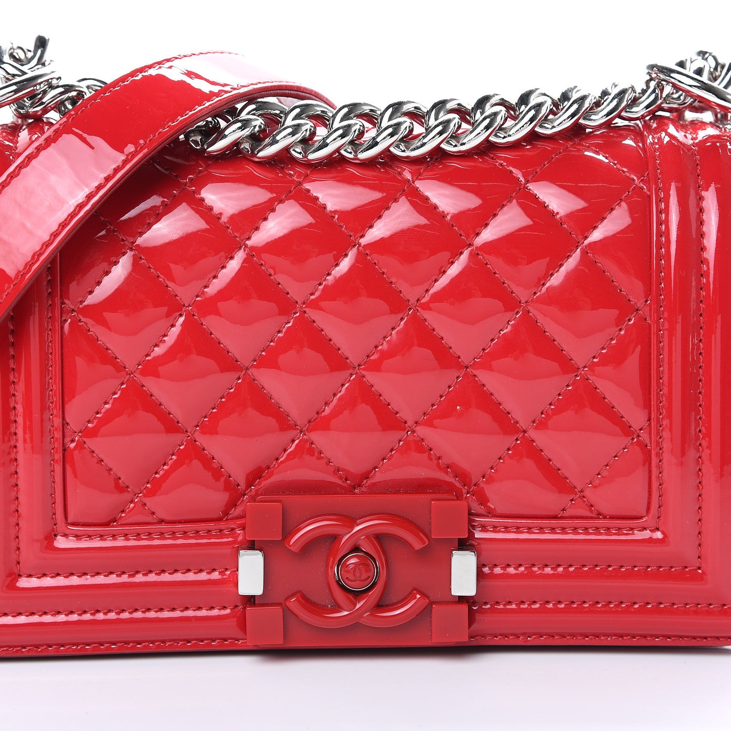Patent Calfskin Quilted Small Plexiglass Boy Flap Red