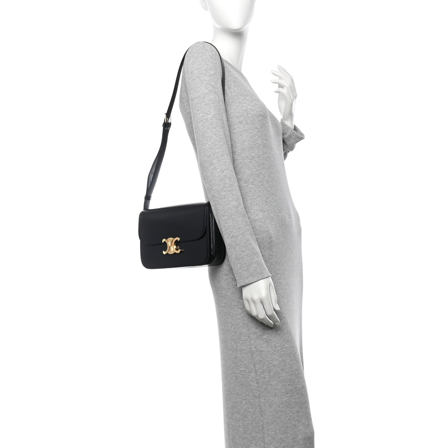 Celine Shiny Calfskin Medium Triomphe Shoulder Bag Black 2 of 10