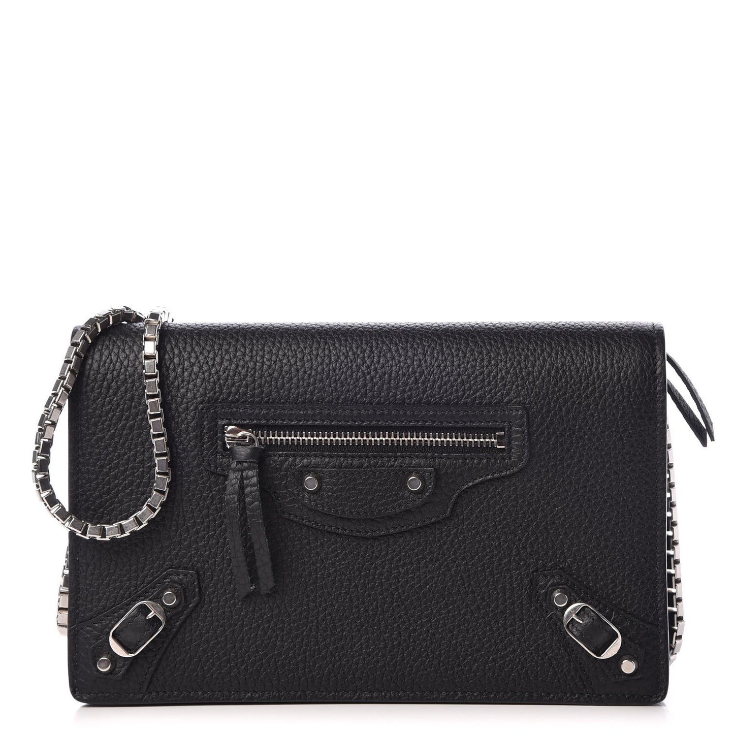 Grained Calfskin Classic Silver Hardware Wallet on Chain Black