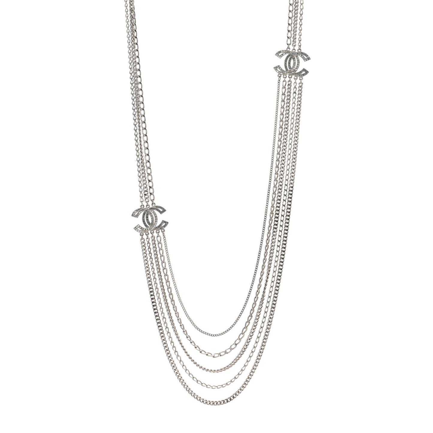 Baguette Crystal CC Multi Strand Long Chain Necklace Silver