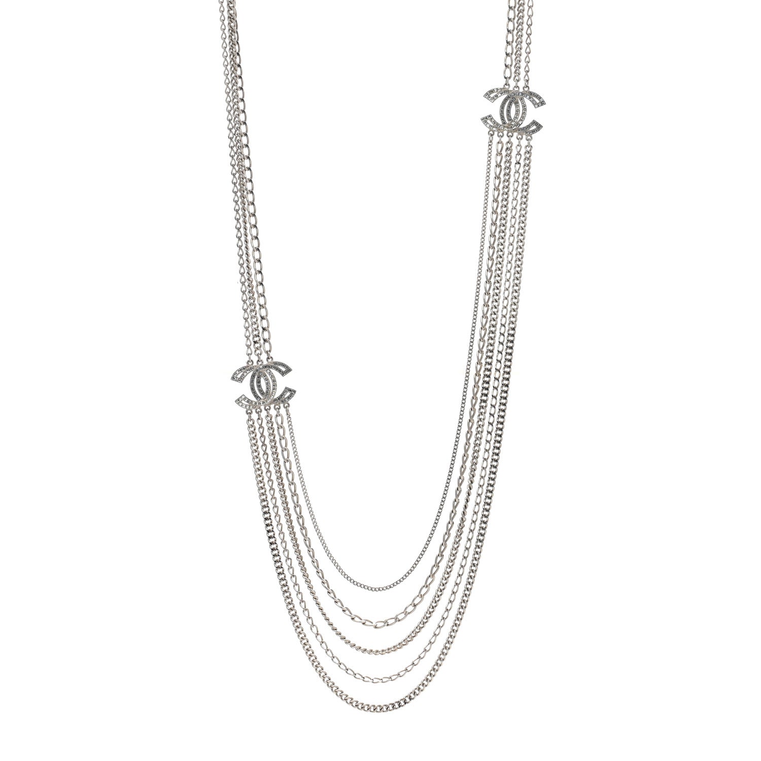 Chanel Baguette Crystal CC Multi Strand Long Chain Necklace Silver 1 of 4