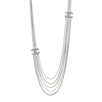 Chanel Baguette Crystal CC Multi Strand Long Chain Necklace Silver 1 of 4