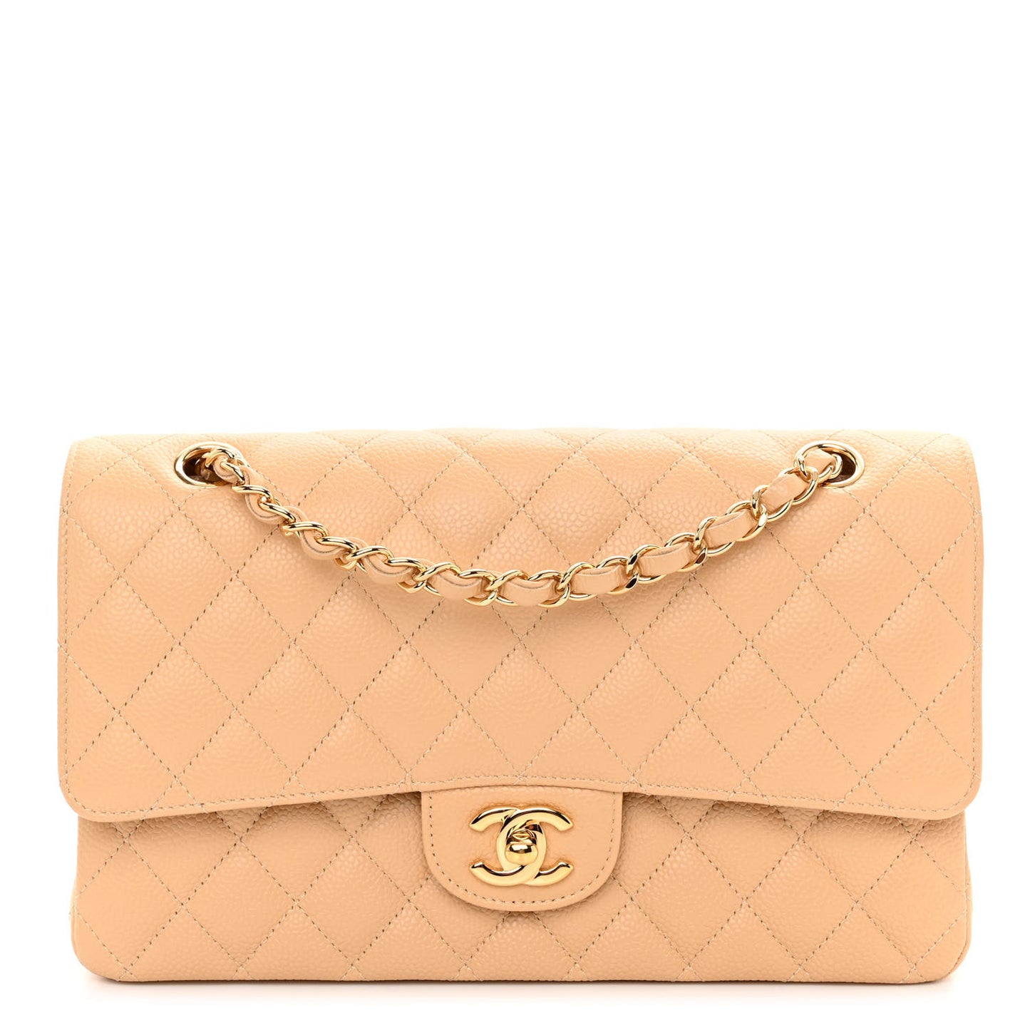 Caviar Quilted Medium Double Flap Beige