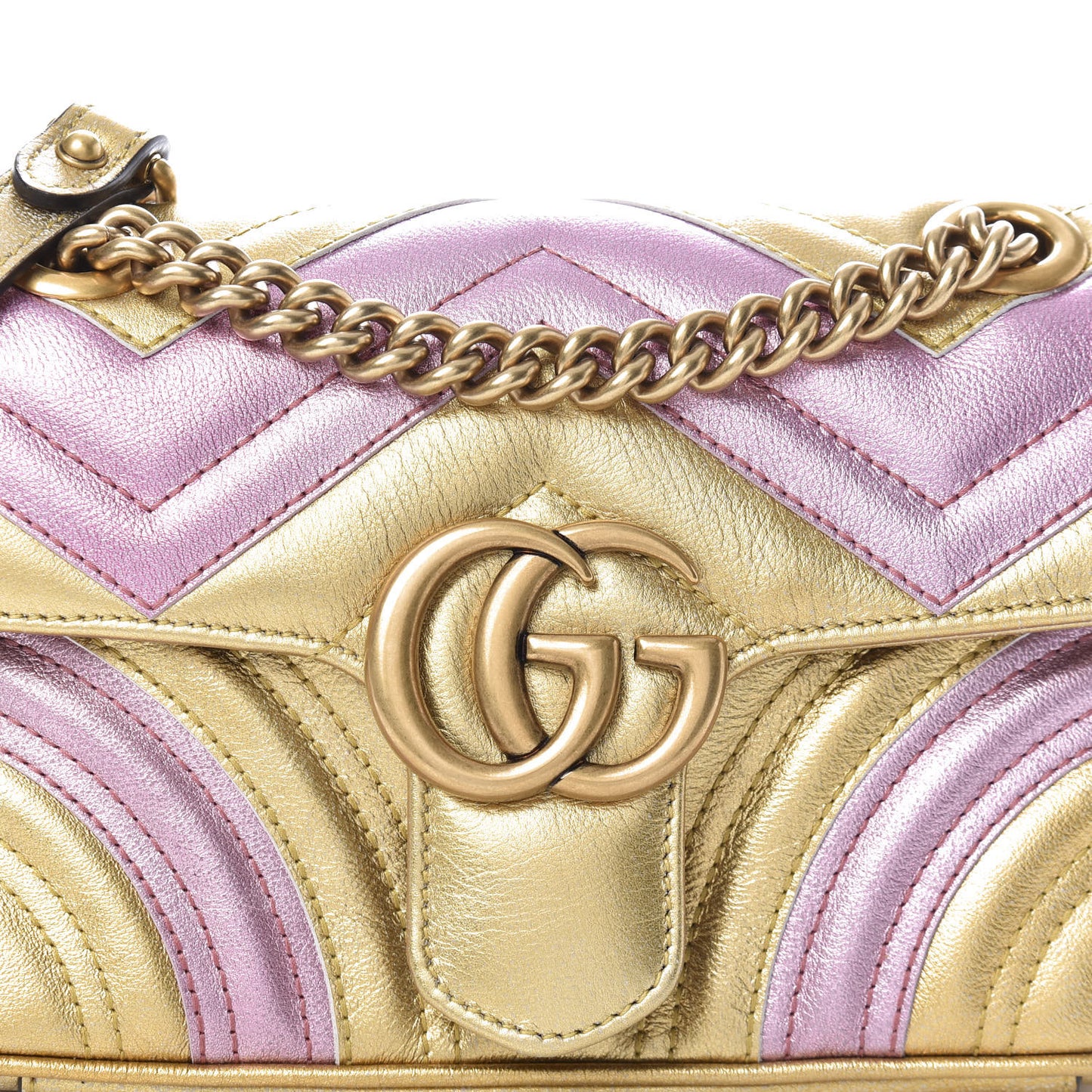 Metallic Calfskin Matelasse Mini GG Marmont Shoulder Bag Gold Pink