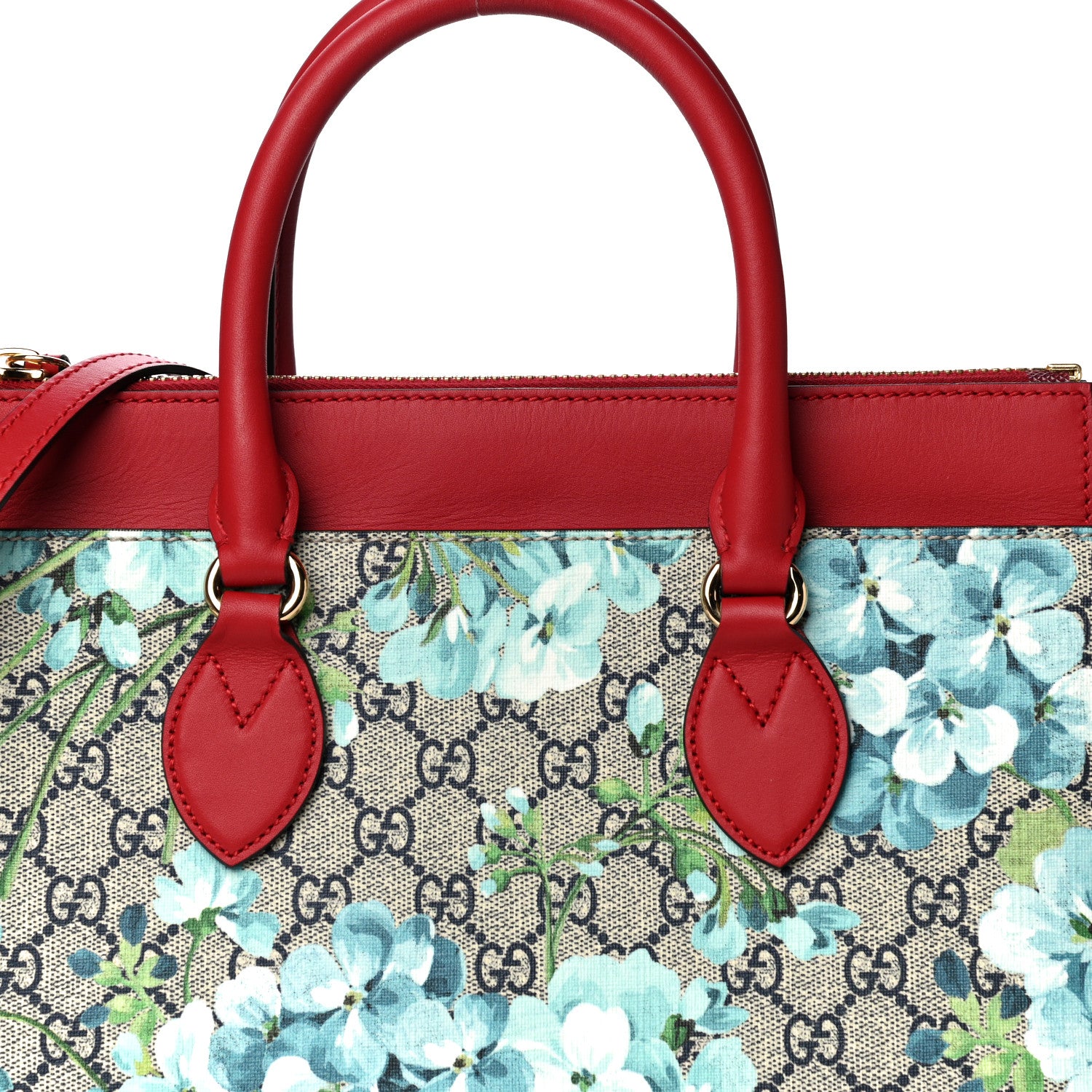 Gucci GG Supreme Monogram Blooms Medium Zip Top Tote Beige Blue Navy Hibiscus Red 8 of 22