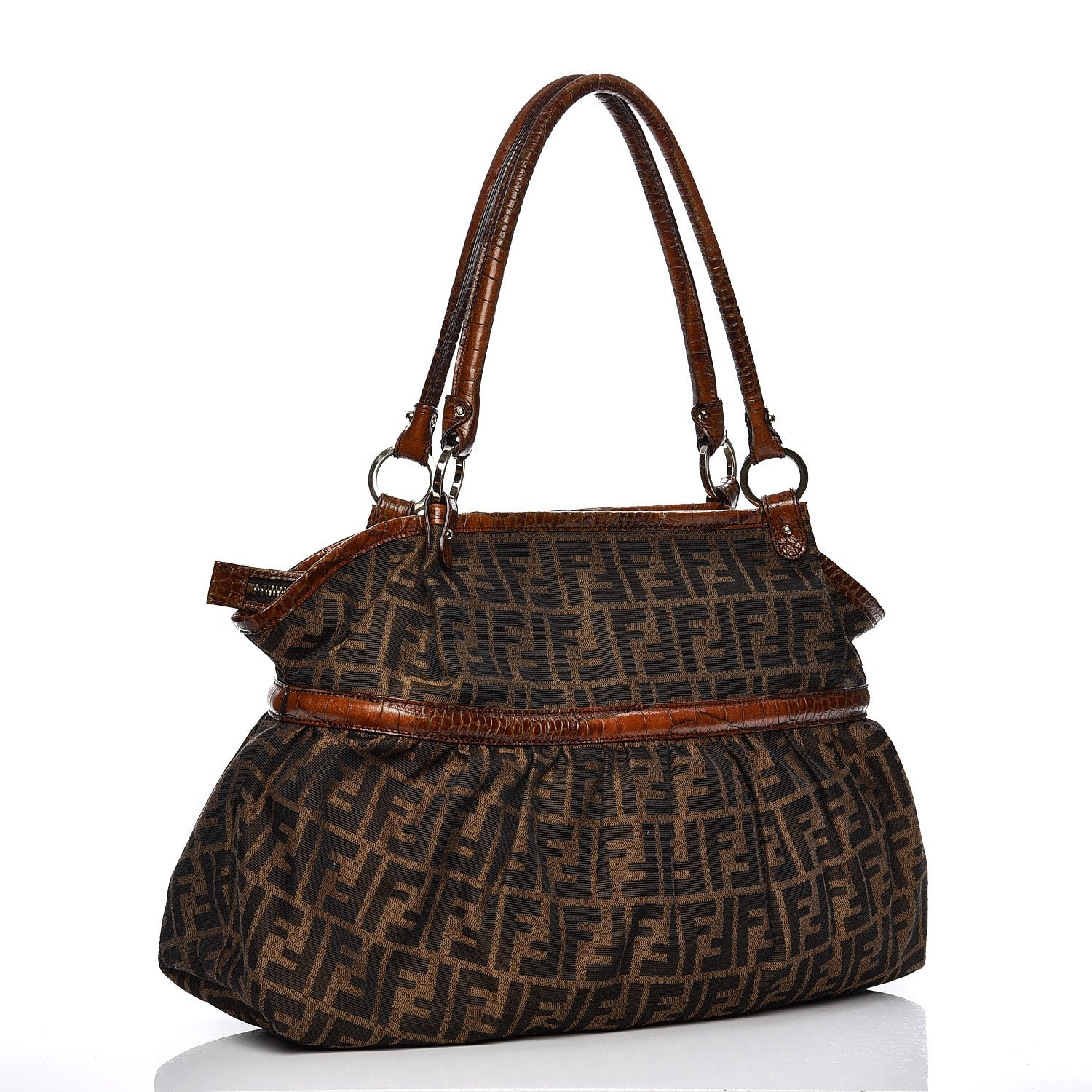 Fendi Zucca Calfskin Crocodile Embossed Large Chef Shopper Tote Tobacco 3 of 11