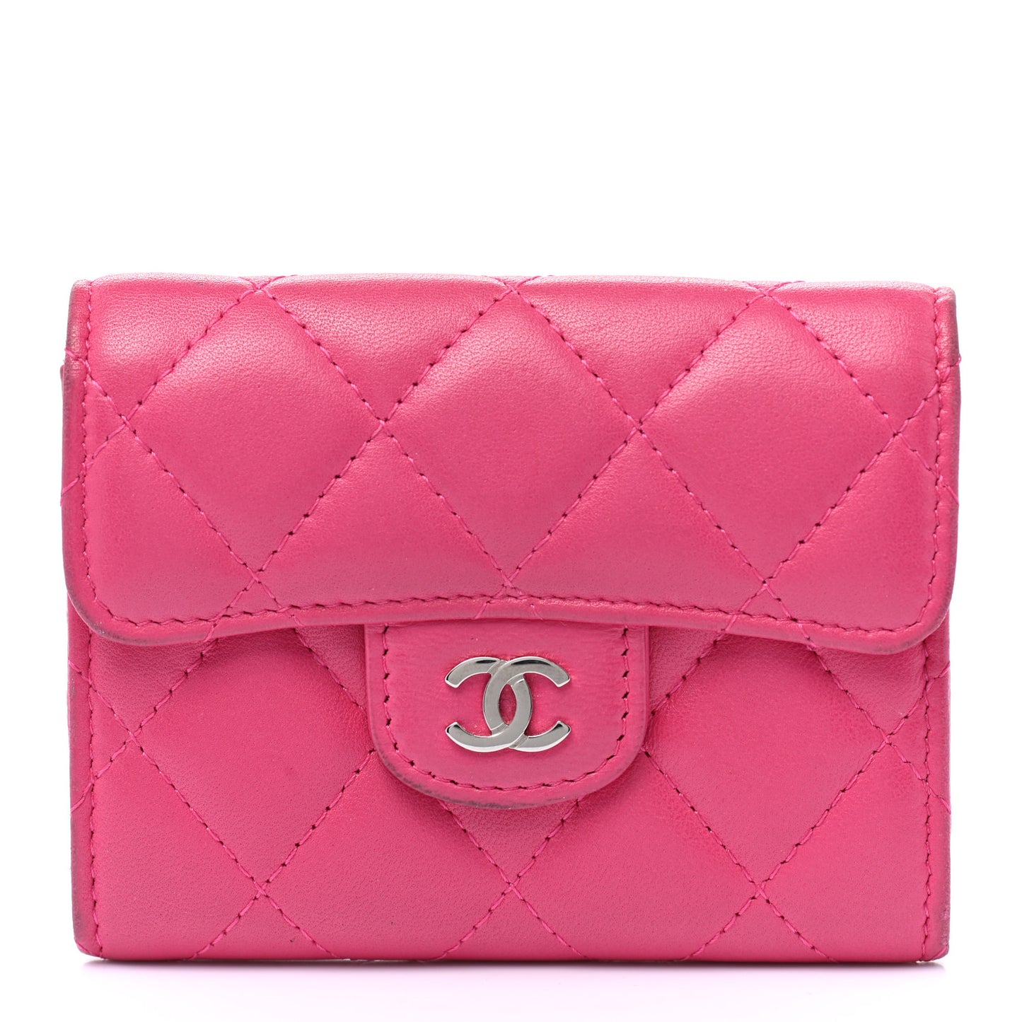 Lambskin Quilted Flap Card Holder Wallet Pink