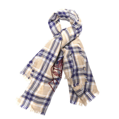 Gucci Wool Tiger Embroidered Plaid Scarf Beige Navy 1 of 4