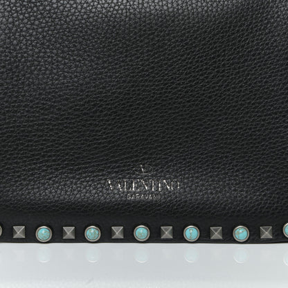 Valentino Garavani Pebbled Calfskin Turquoise Medium Guitar Strap Rockstud Rolling Flap Saddle Bag Black 11 of 11