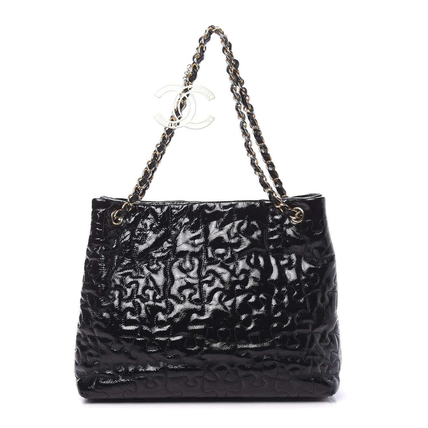 Crackled Patent Puzzle Tote Black