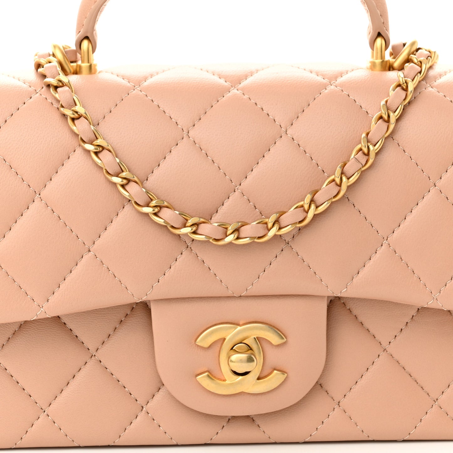 Lambskin Quilted Mini Top Handle Rectangular Flap Beige