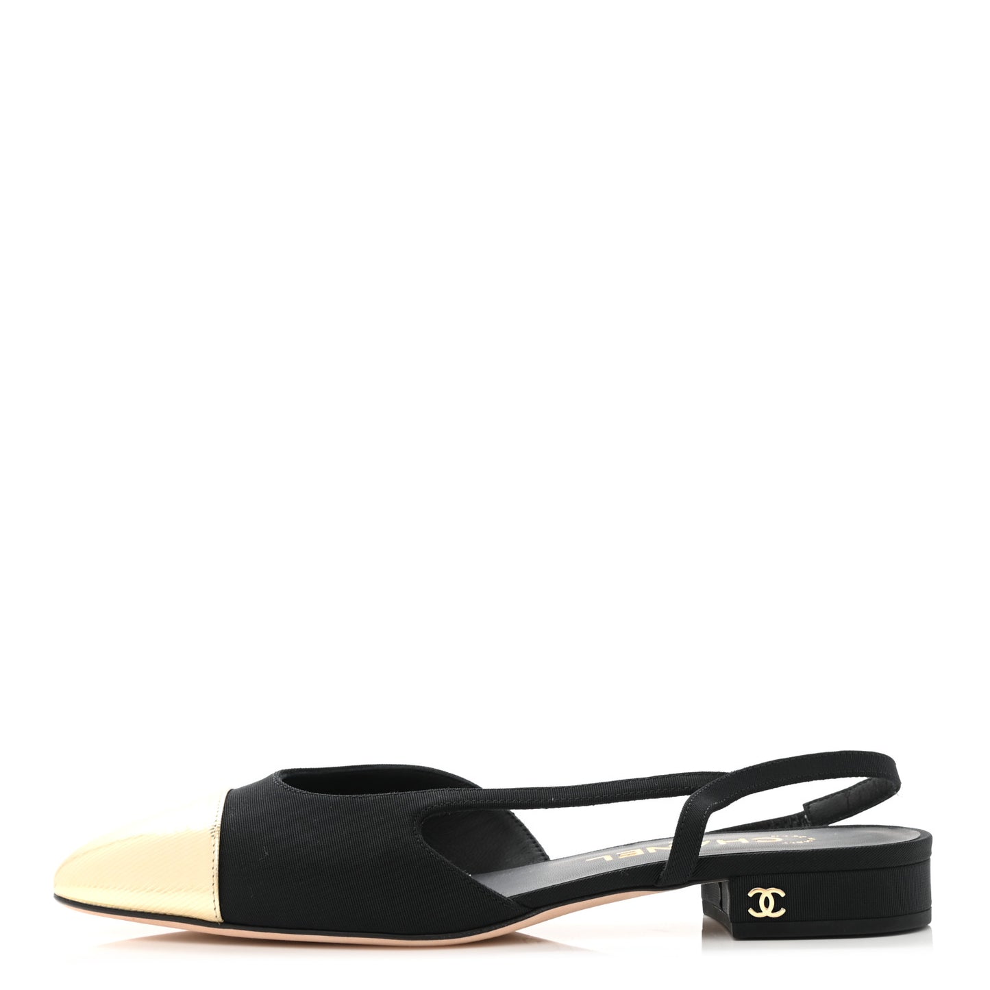Laminated Lambskin Grosgrain Cap Toe CC Slingback Flats 37.5 Black Gold