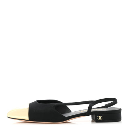 Chanel Laminated Lambskin Grosgrain Cap Toe CC Slingback Flats 37.5 Black Gold 1 of 8