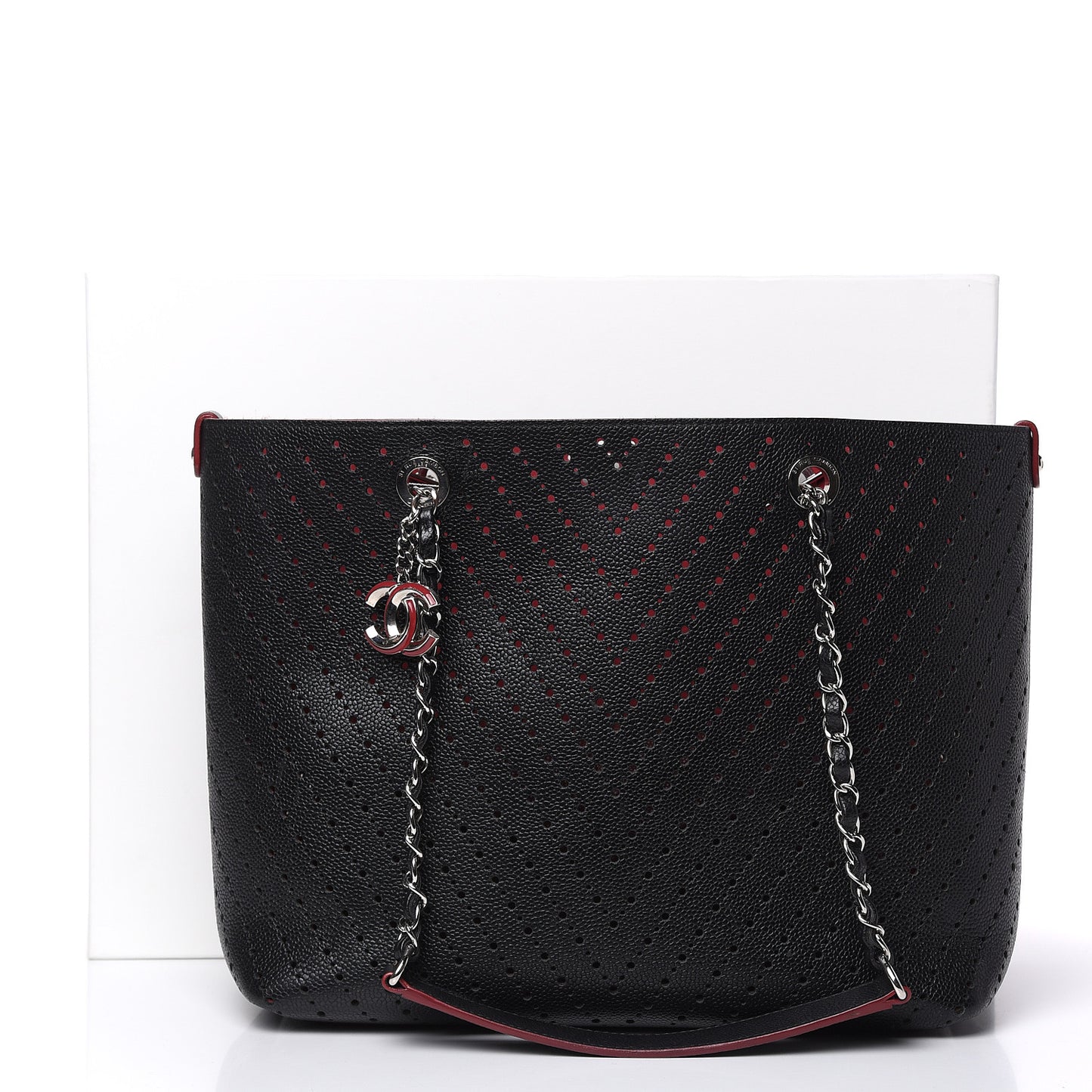Perforated Grained Calfskin Large Shopping Tote Black