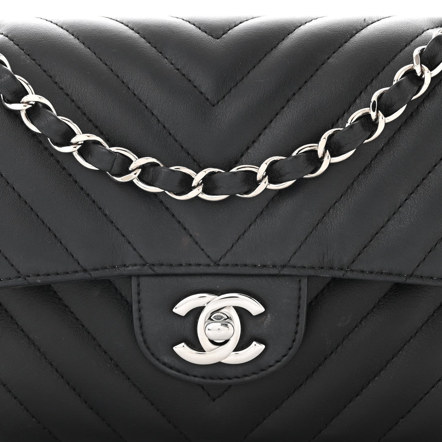 Calfskin Chevron Quilted Small Double Flap Black