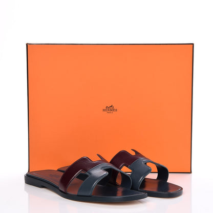 Hermes Box Calfskin Oran Sandals 37.5 Bleu Ardoise Bordeaux 8 of 8