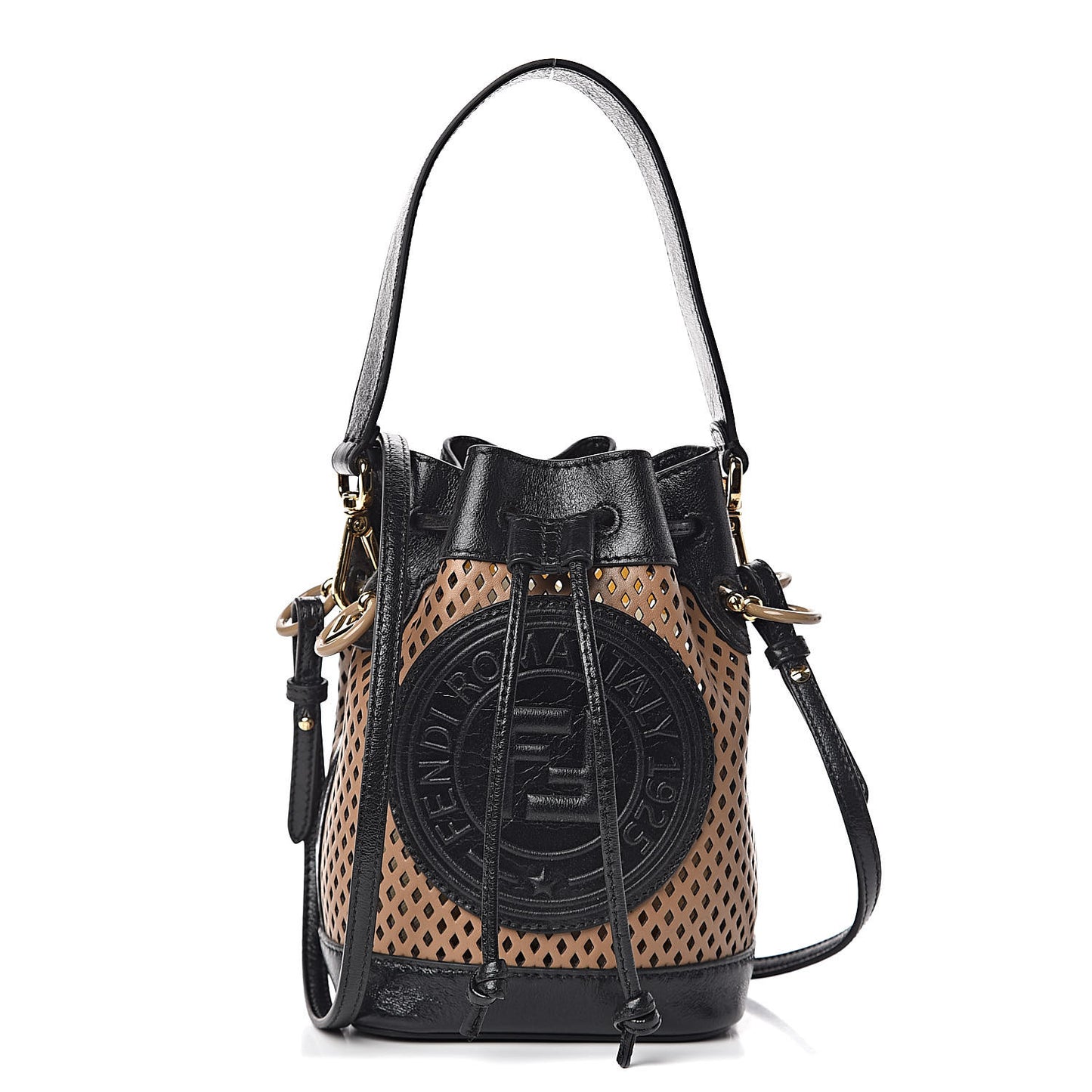 Vitello Liberty Glossy Lambskin F is Fendi Perforated Mini Mon Tresor Bucket Bag Sand Mimosa Black