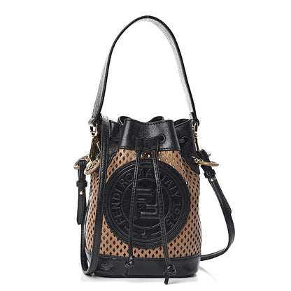 Fendi Vitello Liberty Glossy Lambskin F is Fendi Perforated Mini Mon Tresor Bucket Bag Sand Mimosa Black 1 of 10