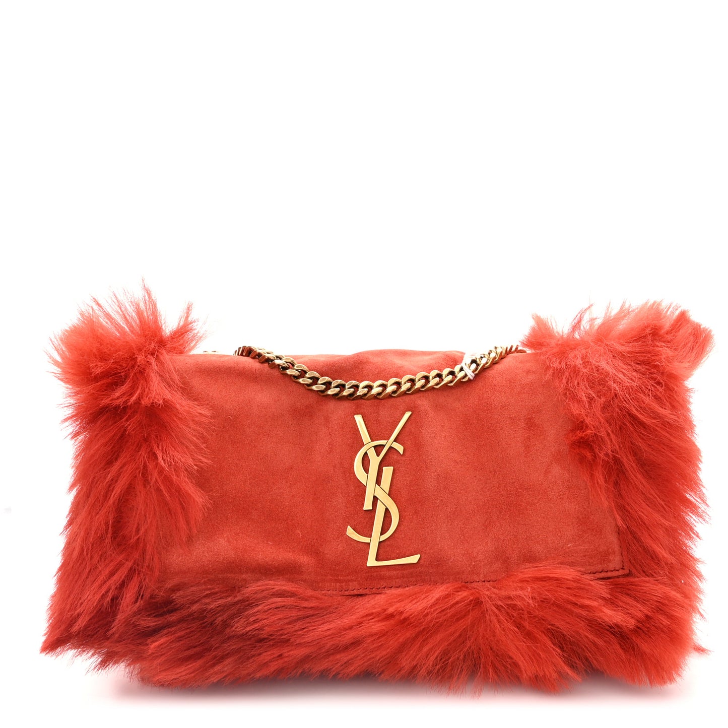 Suede Fur Small Reversible Monogram Kate Satchel Pavot Rouge