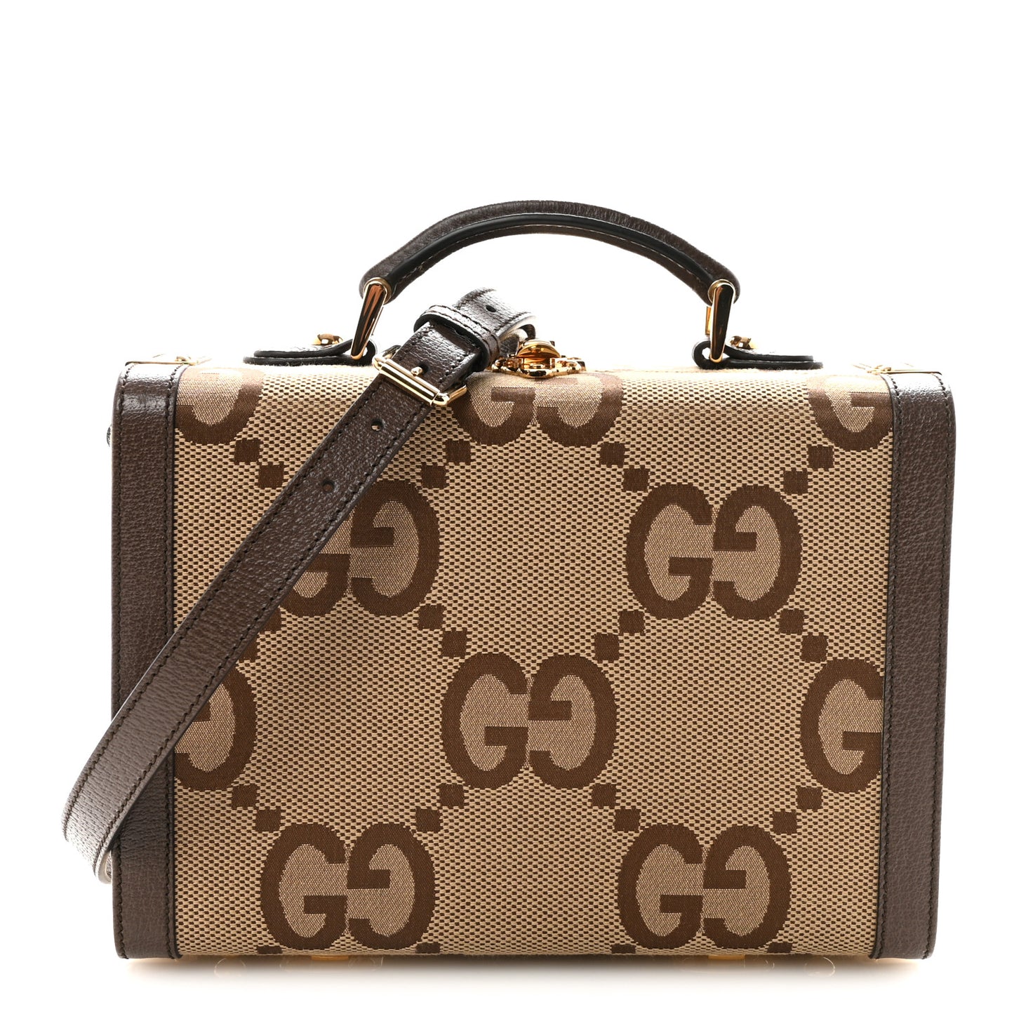 Monogram Jumbo GG Textured Dollar Calfskin Top Handle Beauty Case Camel Ebony New Acero