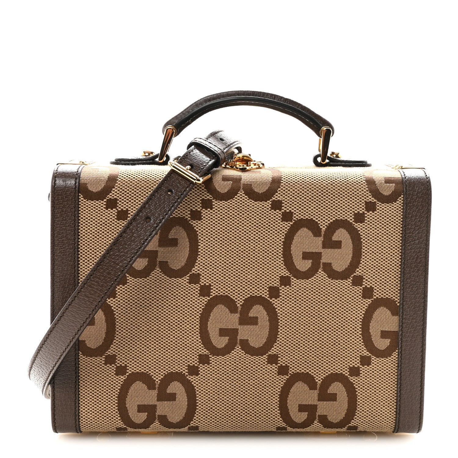 Gucci Monogram Jumbo GG Textured Dollar Calfskin Top Handle Beauty Case Camel Ebony New Acero 1 of 9