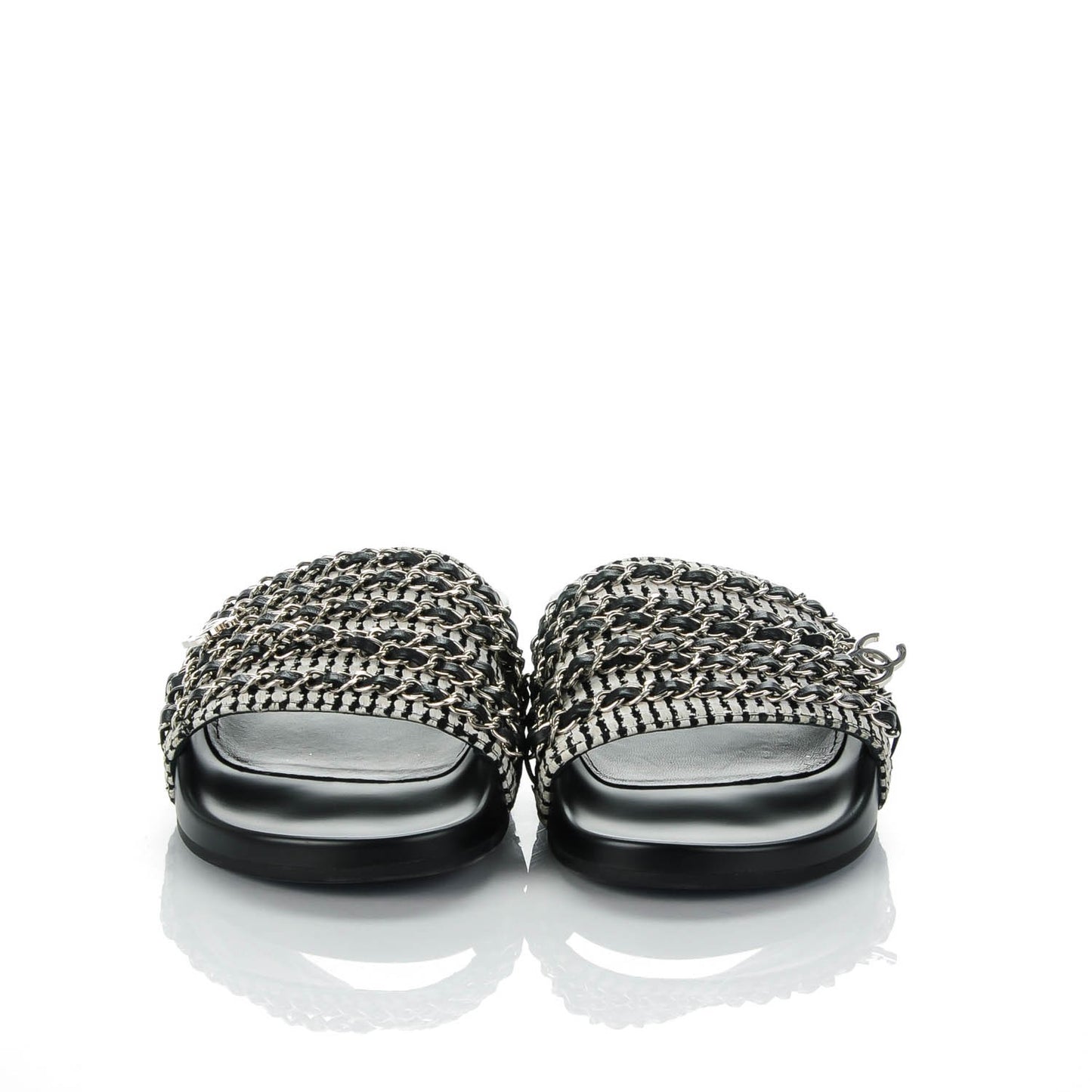 Tweed Lambskin Chain Flat Sandals 38 Black White