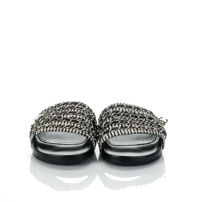 Chanel Tweed Lambskin Chain Flat Sandals 38 Black White 2 of 8
