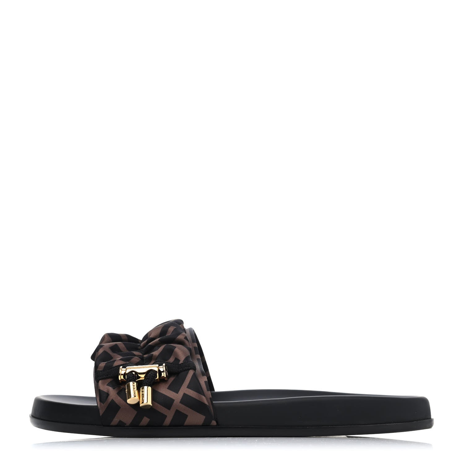 Fendi Satin FF Fendi Feel Slide Sandals 39 Tobacco Black 1 of 4