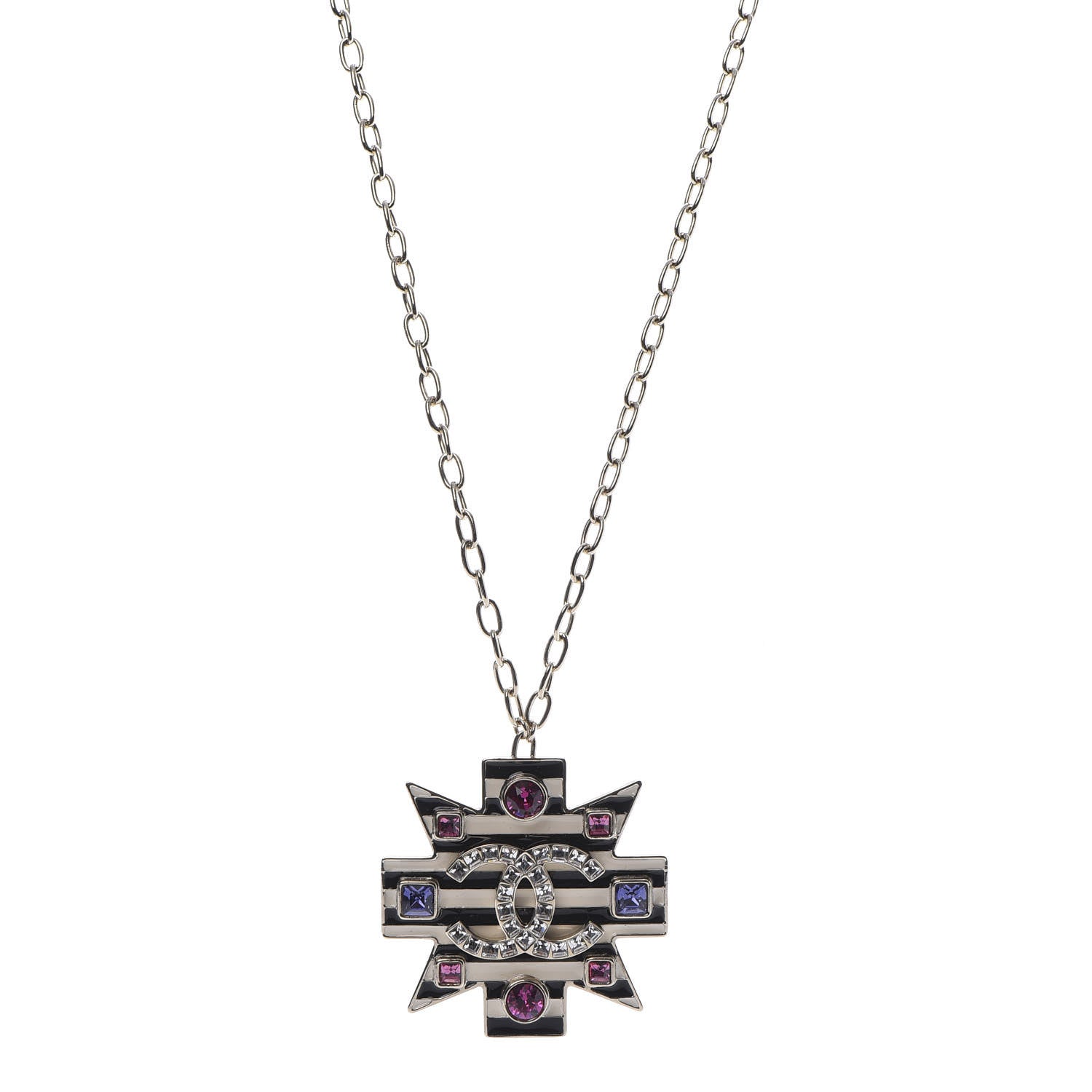 Chanel Crystal Enamel Stripe CC Pendant Necklace Gold Multicolor 1 of 7