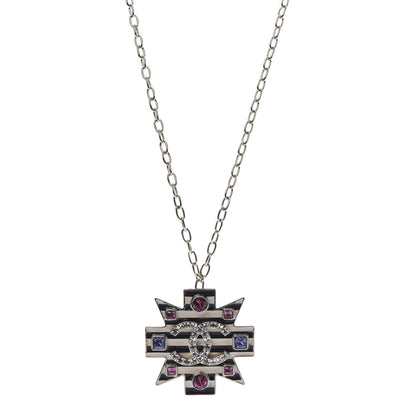 Chanel Crystal Enamel Stripe CC Pendant Necklace Gold Multicolor 1 of 7