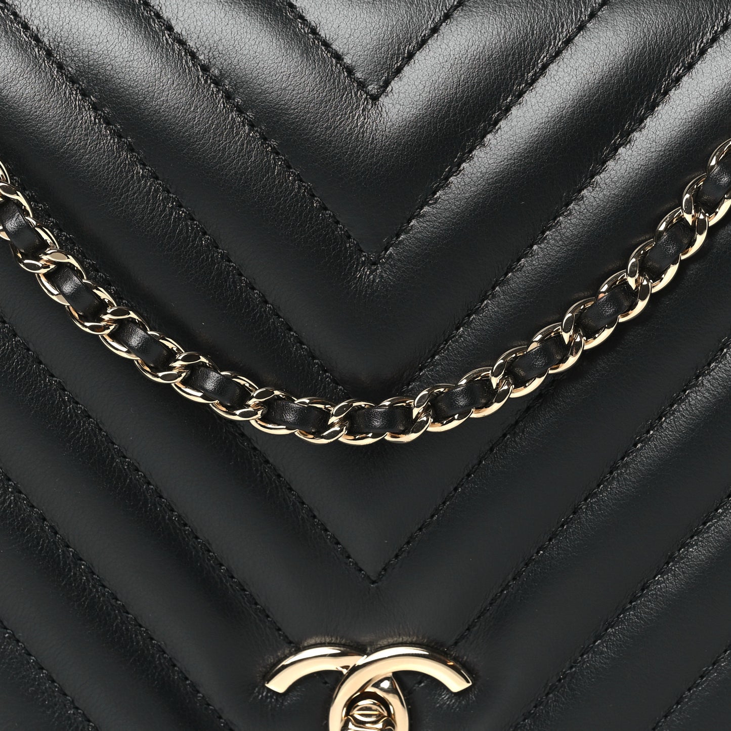 Calfskin Chevron Quilted Medium Statement Flap Black