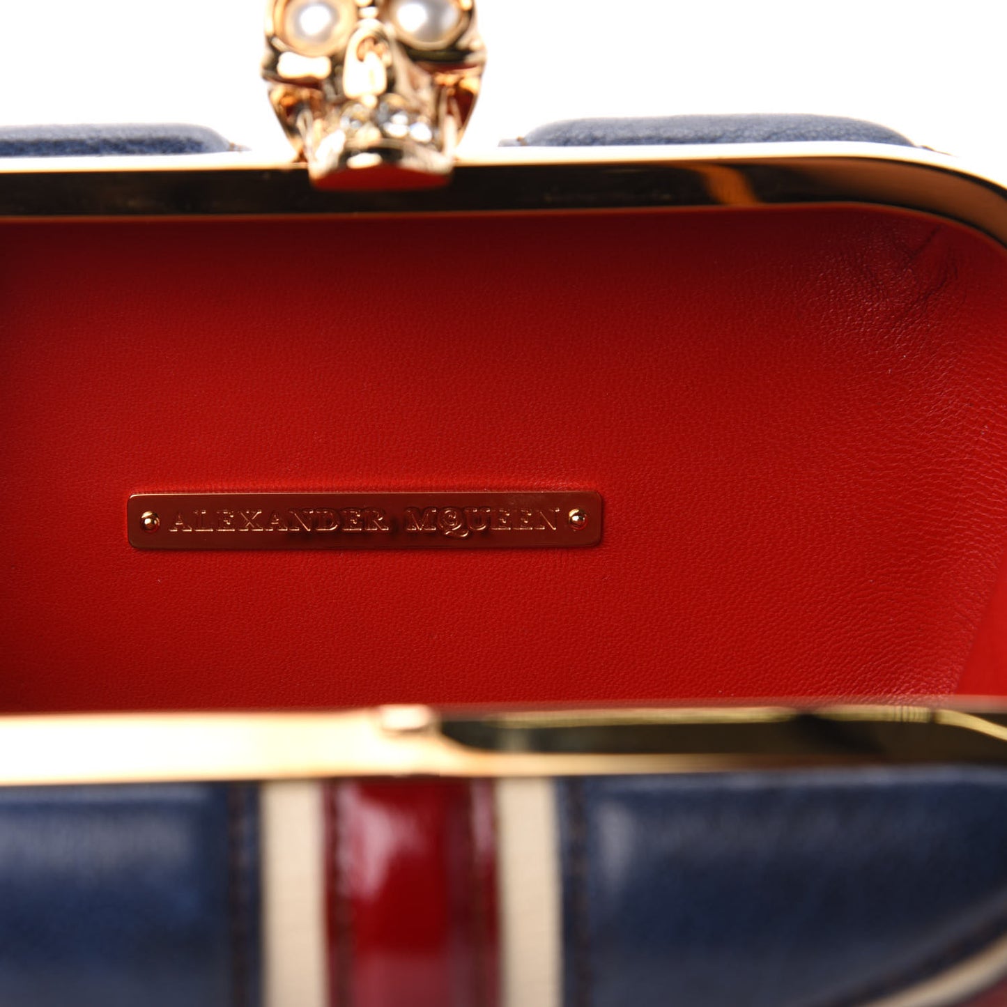 Patent Calfskin Britannia Skull Box Clutch Red Blue