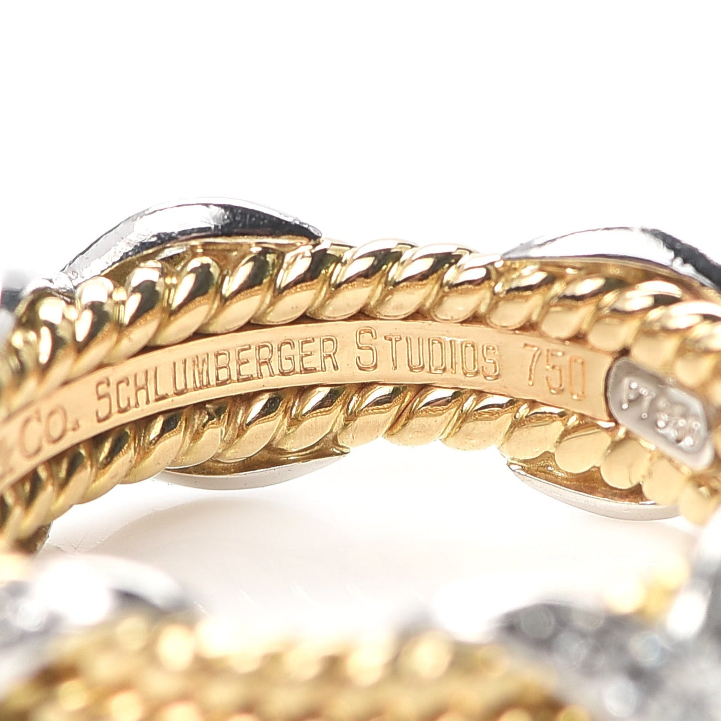 18K Yellow Gold Platinum Diamond Schlumberger Rope 3 Row X Ring 48 4.5