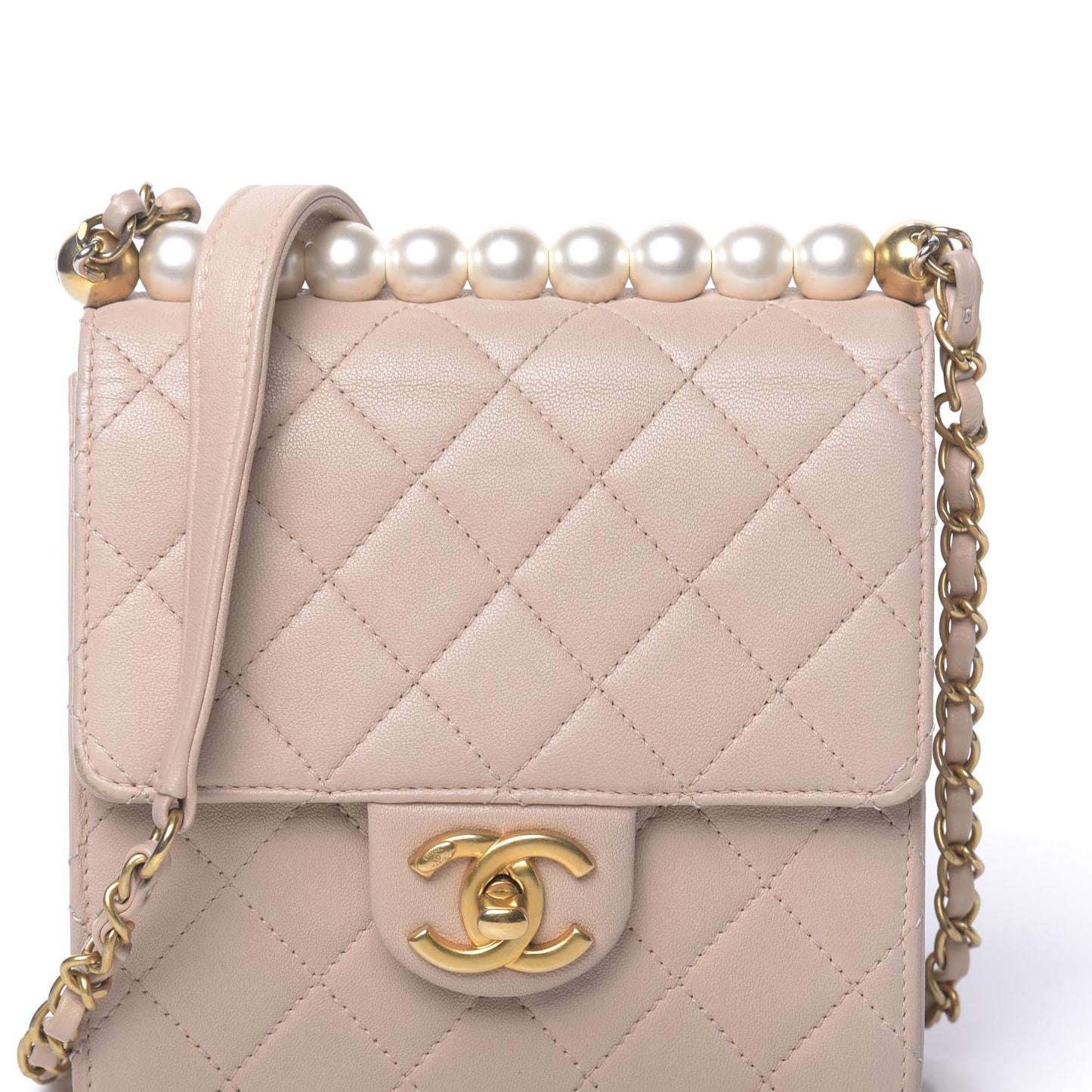 Lambskin Quilted Chic Pearls Flap Beige