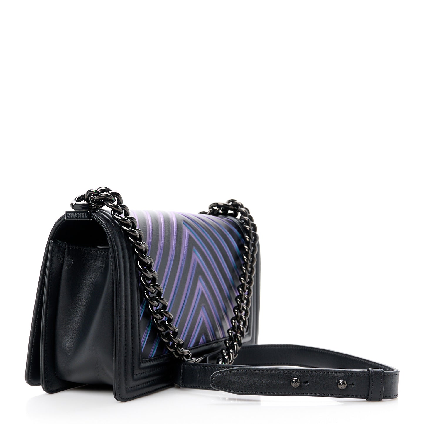 Calfskin Painted Chevron Embossed Medium Boy Flap Black