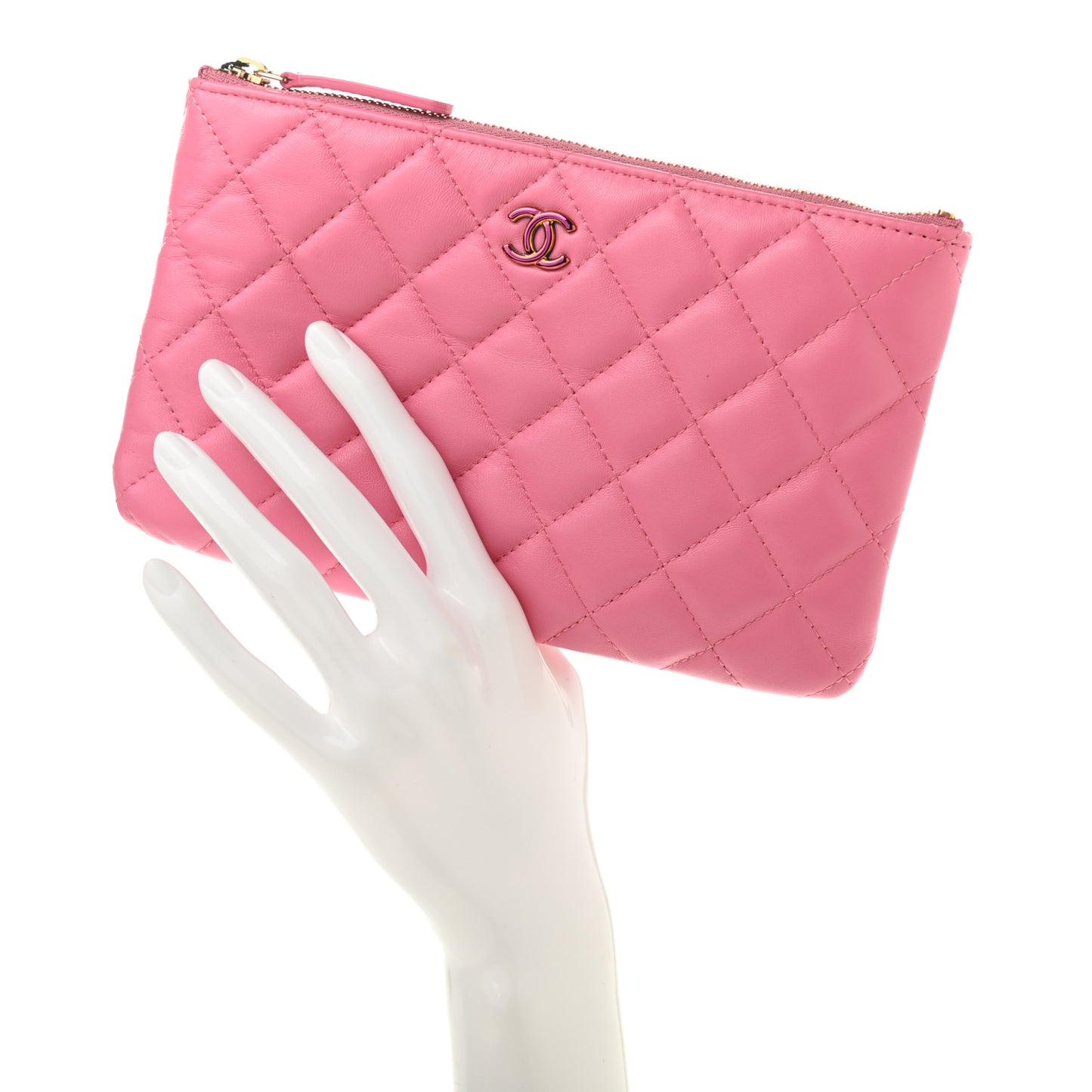 Lambskin Quilted Zipped Pouch Pink Yellow