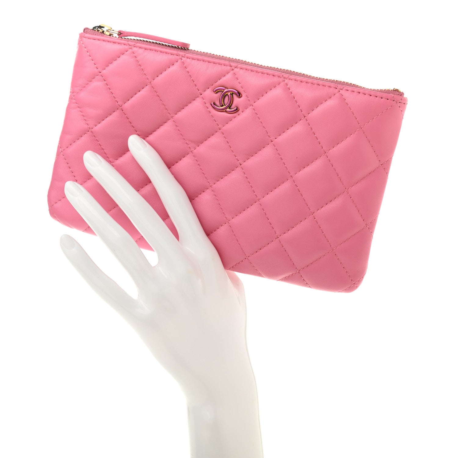 Chanel Lambskin Quilted Zipped Pouch Pink Yellow 2 of 9