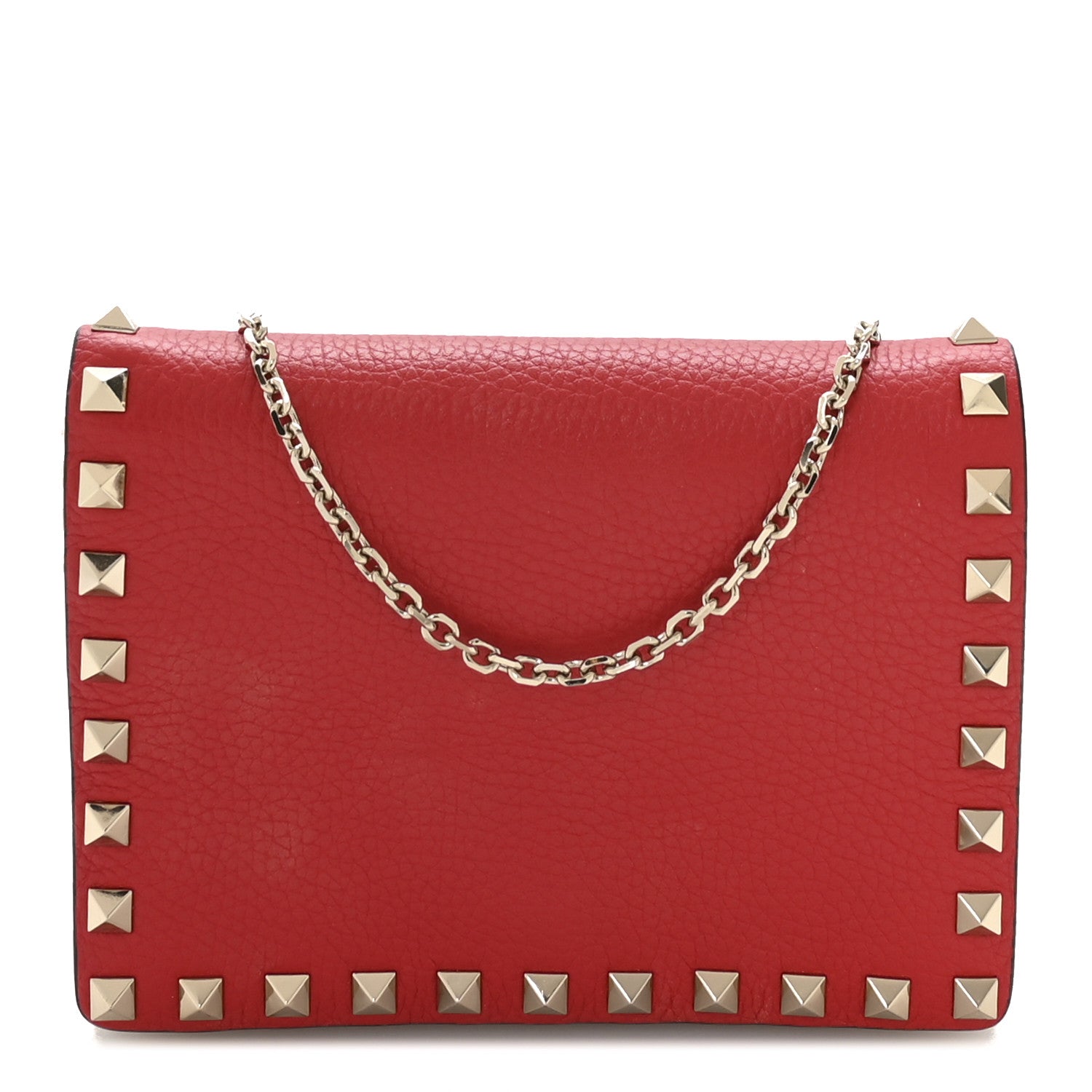 Valentino Garavani Pebbled Calfskin Rockstud Wallet on Chain Rouge Pur 1 of 10