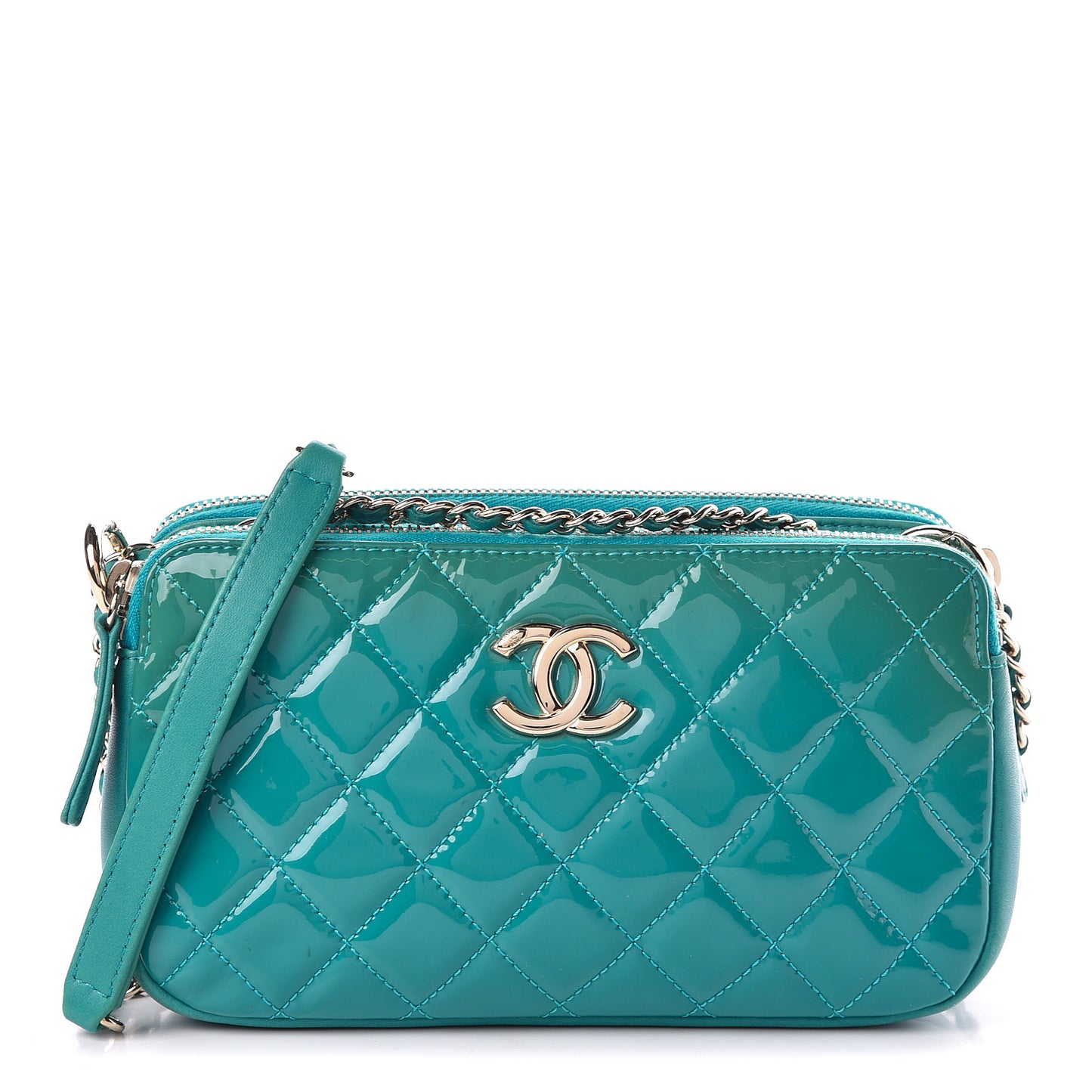 Patent Quilted Crown CC Double Zip Bag Blue